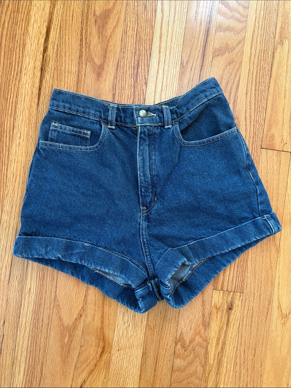 American Apparel Dark Indigo High-Waist Cuffed Denim Shorts